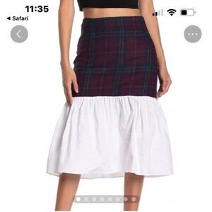 English Factory Blue Tartan Plaid White Cotton Combo Midi Skirt Womens Size M*